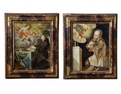 Interessante coppia di dipinti su vetro entro cornici coeve Marche Sec. XVII